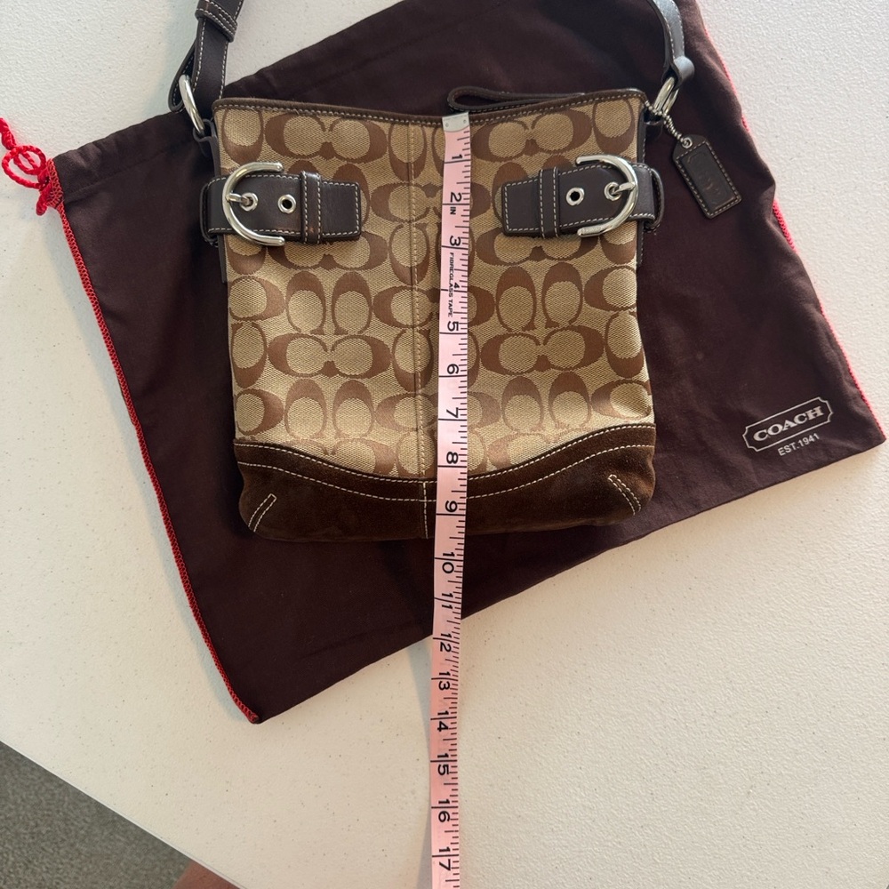 Vintage Coach Signature Brown Shoulder Bag – Suede & Leather Details, 9”x9” - Picture 2 of 6